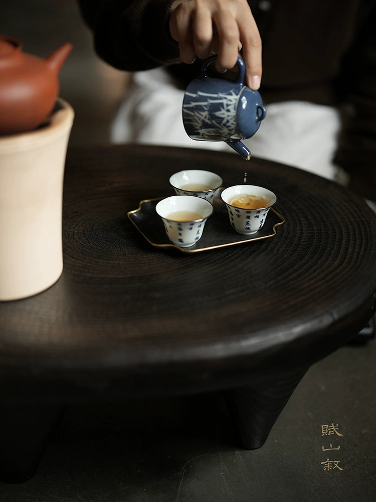 [賦山敘 x Gohobi] Blue and White Calligraphy Teacup Set – 3pcs Jingdezhen Gongfu Master Cups with Silver Rim and Poetic Script