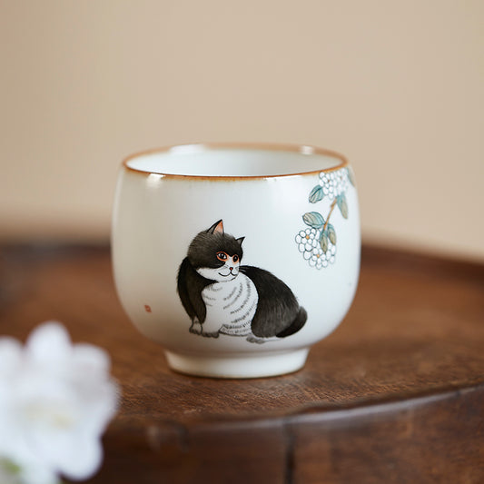 Gohobi Hand-painted Black & White Cat Hydrangeas Ceramic Tea Cup