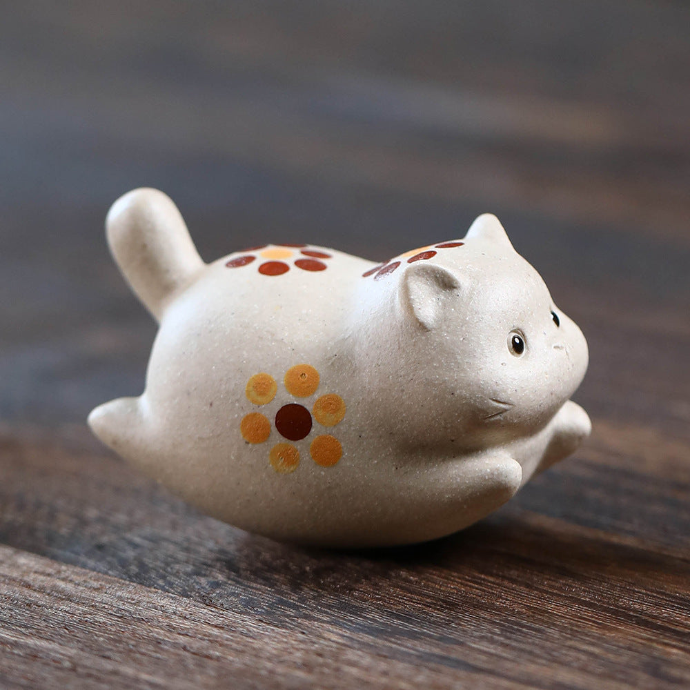 Gohobi Yixing Purple Clay Flower Cat Tea Pet – Handmade Lucky Cat Ornament