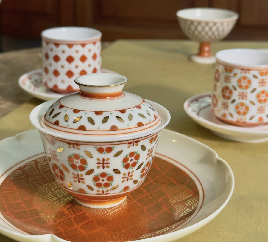 [清和堂 x Gohobi Gallery] Hand-painted Golden Red Orange Lotus Tea Gaiwan