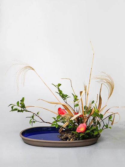 Gohobi Extra Large Oval Ikebana Bowl – Japanese Ceramic Flower Arrangement Vessel