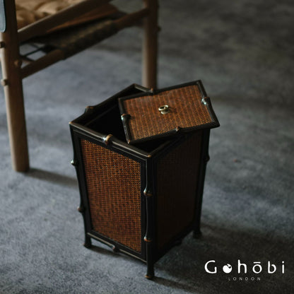 Gohobi Handmade Black Bamboo Waste Basket with Lid – Chinese Style Bamboo Trash Can for Living Room or Study