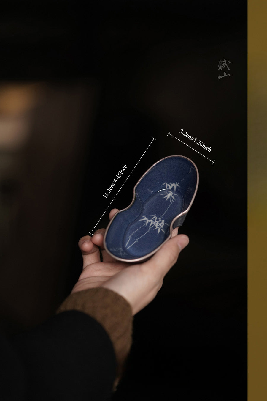 [賦山敘 x Gohobi] Splash-Blue Carved Bamboo Tea Scoop – Silver-Rimmed Ceramic Cha He for Gongfu Tea Serving