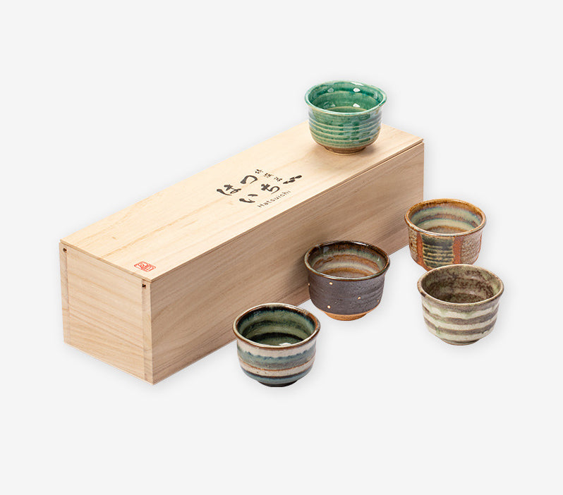 Gohobi Mino Yaki Evening Breeze Teacup Set - 5-Piece Simple Ceramic Cups with Wooden Box