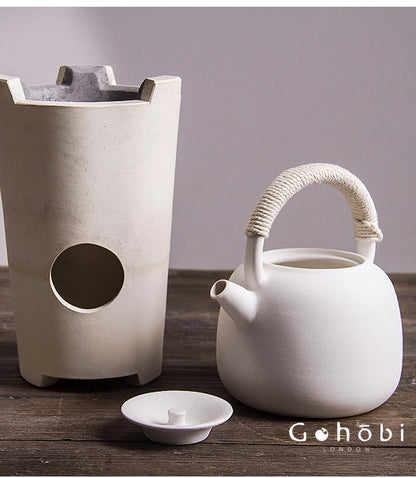 Gohobi Handmade Japanese White Mud Beam Teapot – Charcoal-Inspired Ceramic Kettle (750ml)