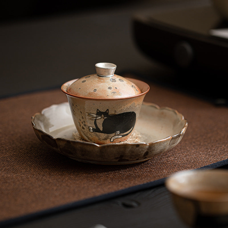 Gohobi Handmade Black Ink Hand-painted Cat Gaiwan 007