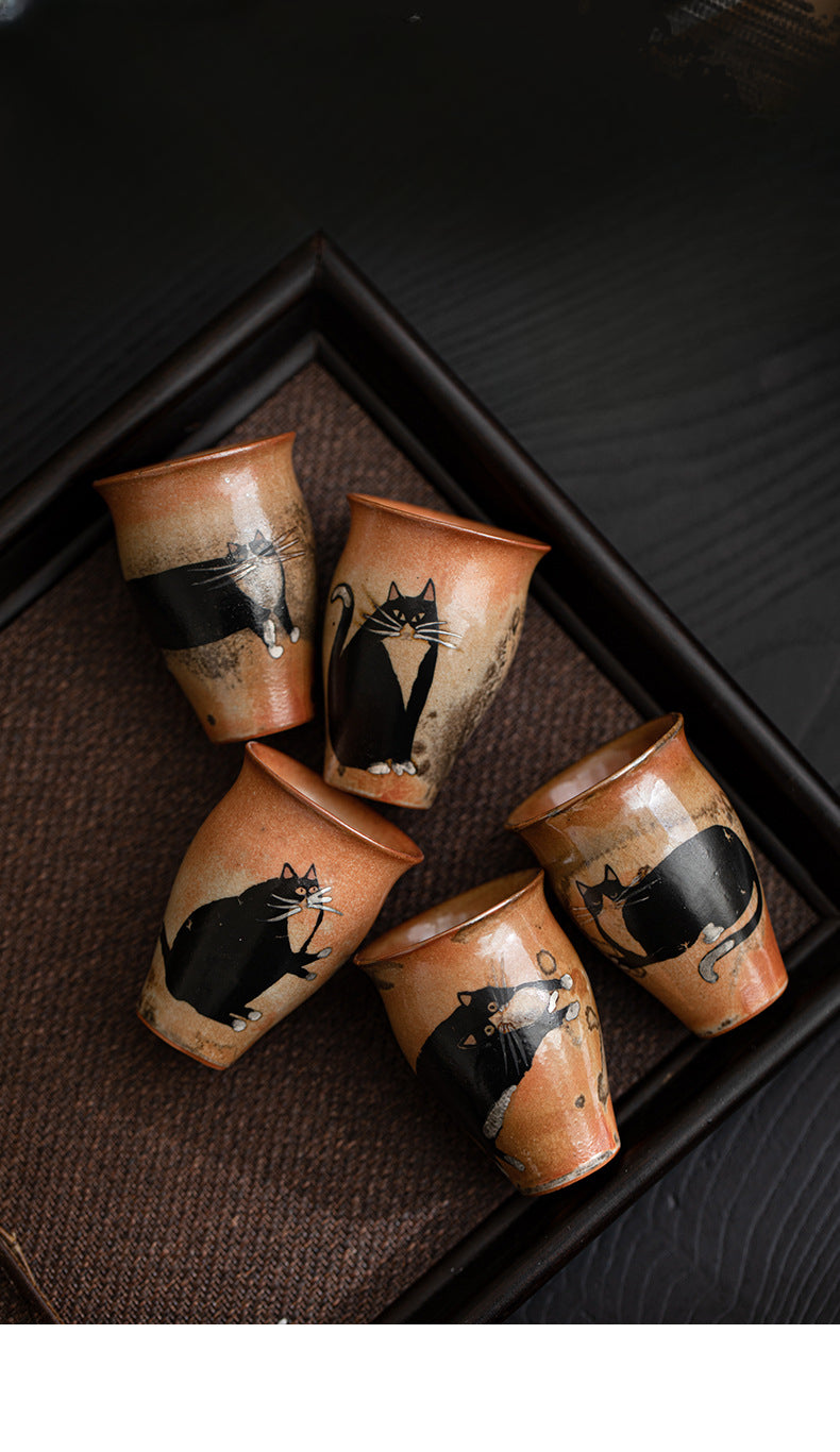 Gohobi Handmade Black Ink Hand-painted Cat Tea Cup 001