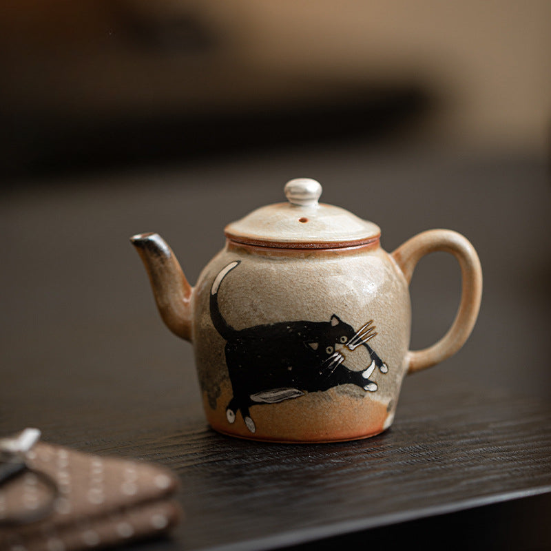 Gohobi Handmade Black Ink Hand-painted Cat Teapot 006