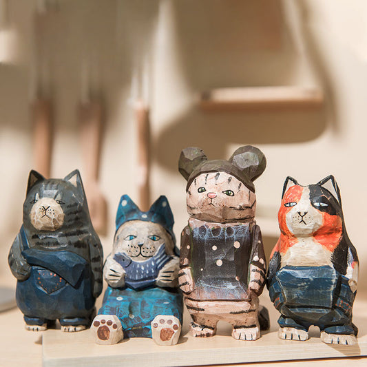 Gohobi Handcrafted Wooden Large Cat Ornament (Denim Version)