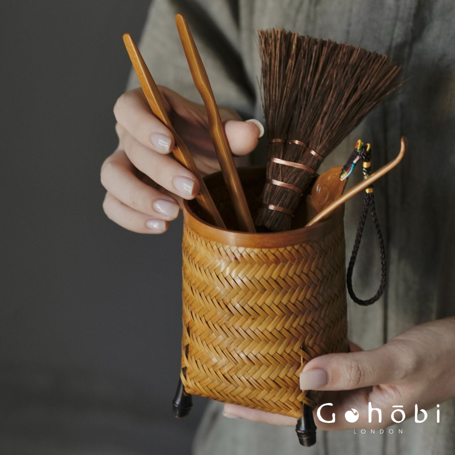 Gohobi Handmade Woven Lacquer Tea Tools Holder – Bamboo Retro Six Gentlemen Storage Tube