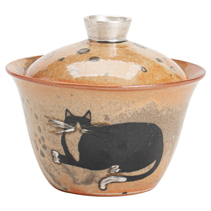 Gohobi Handmade Black Ink Hand-painted Cat Gaiwan 007