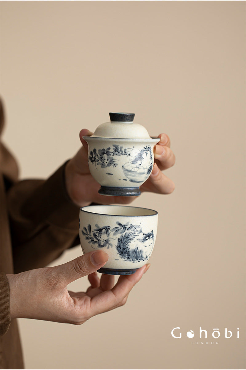 Gohobi Cute Cat Ceramic Travel Tea Set – Portable Gaiwan Tea Cup Set for One