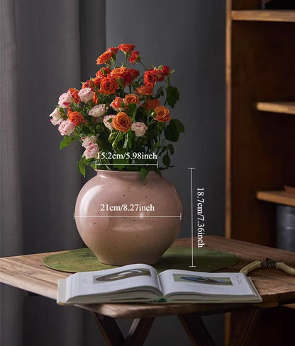 Gohobi Jingdezhen Handmade Pink Ceramic Vase – Wide Mouth Retro Coarse Pottery Flower Vase