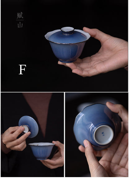 [賦山敘 x Gohobi] Splash-Blue Gaiwan Collection – Single Handmade Jingdezhen Ceramic Gongfu Tea Bowl