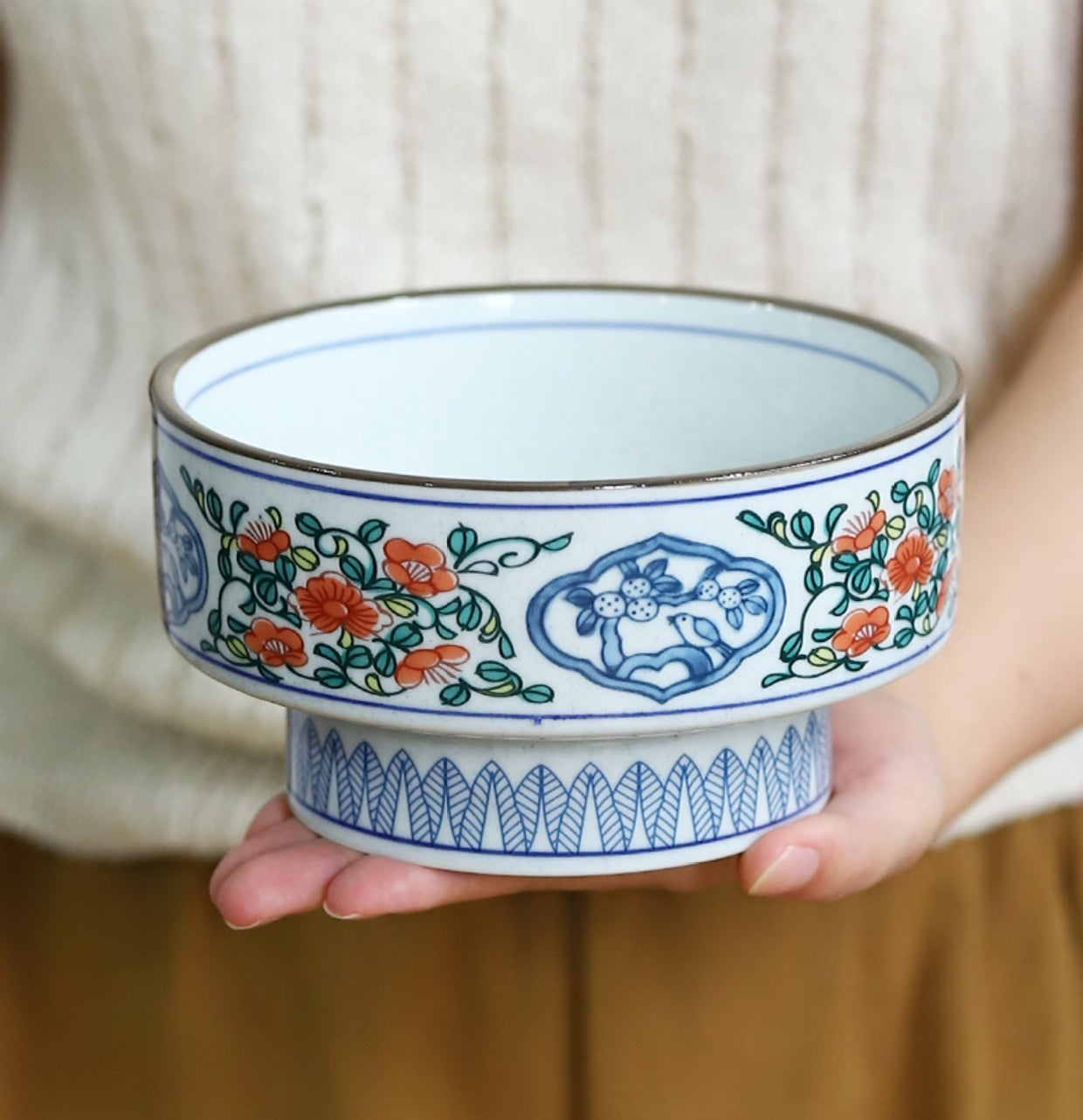Gohobi Japanese Ikebana High-Foot Ceramic Bowl – Retro Floral Arrangement Vessel