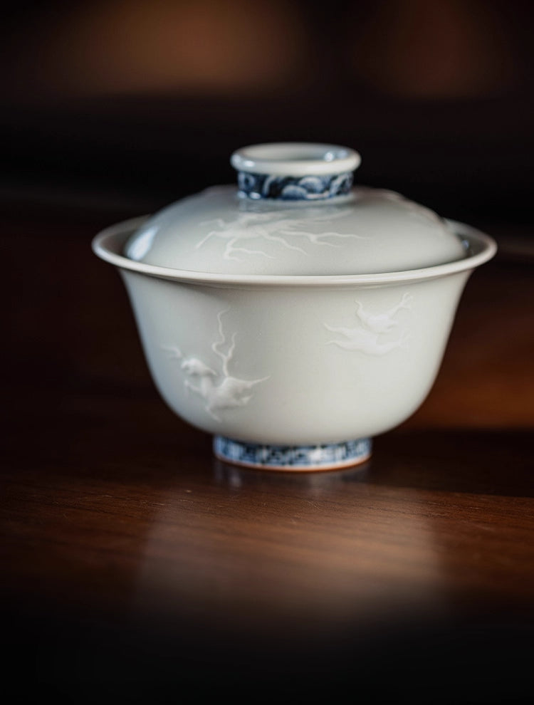Blue and White Relief Carved Gaiwan – Sea Beast Motif, Handcrafted Porcelain Tea Bowl with Lid