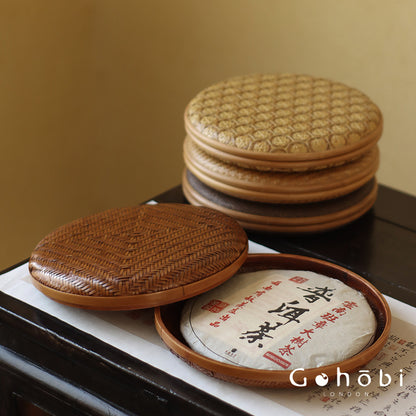 Gohobi Handmade Bamboo Woven Pu'er Tea Box – Retro Chinese Tea Cake Storage Box for Qizi Cake Collection