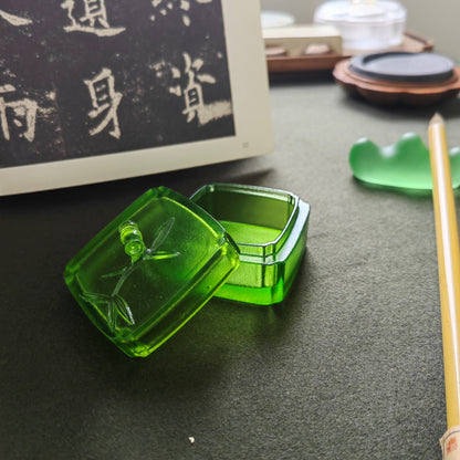 Gohobi Pate de Verre Bamboo Coloured Glass Case Ink Box Jewellery Holder Container