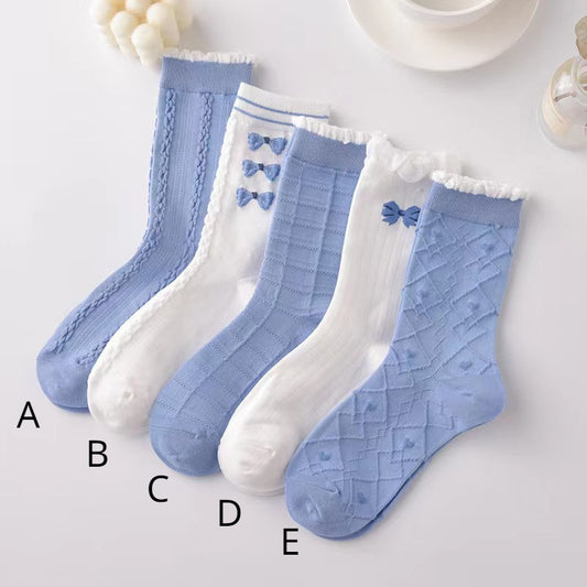 SweetBloom Blue Mid-Calf Socks - Japanese JK Style with Cute Floral Trim