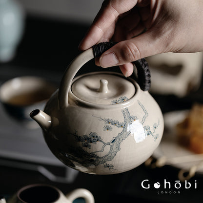 Gohobi Outdoor Portable Blue & White Teapot – Rattan Beam Open Flame Brewing Kettle (400ml)