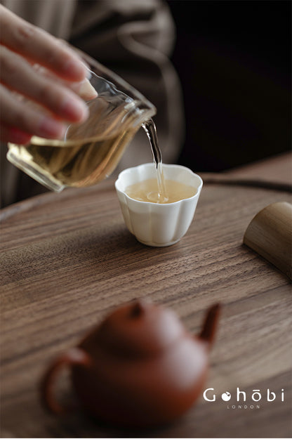Gohobi Handmade White Porcelain Teacup – Thin Porcelain Flower Rim Gongfu Master Cup