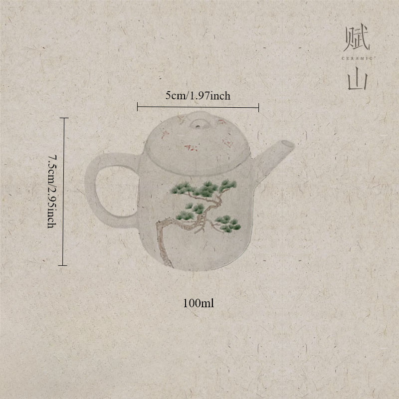[賦山敘 x Gohobi] Hand-Painted Ceramic Teapot – Small Chinese Gongfu Tea Pot with Pine Tree & Calligraphy Design, Antique Style