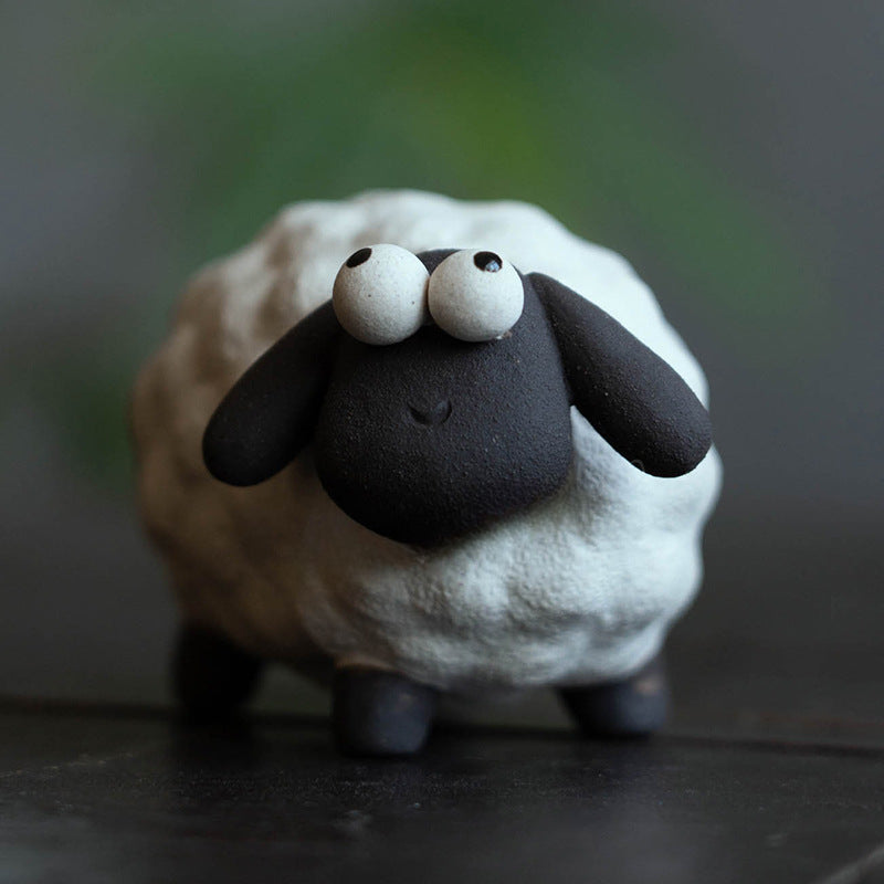 Gohobi Handmade Ceramic YiXing Clay White and Black Sheep Ornament Tea pet