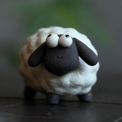 Gohobi Handmade Ceramic YiXing Clay White and Black Sheep Ornament Tea pet