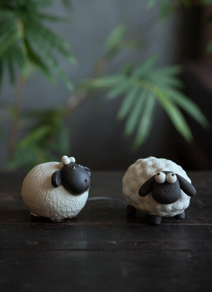 Gohobi Handmade Ceramic YiXing Clay White and Black Sheep Ornament Tea pet