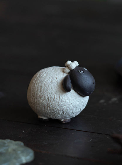 Gohobi Handmade Ceramic YiXing Clay White and Black Sheep Ornament Tea pet