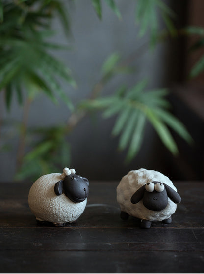 Gohobi Handmade Ceramic YiXing Clay White and Black Sheep Ornament Tea pet