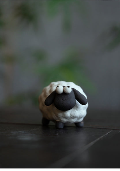 Gohobi Handmade Ceramic YiXing Clay White and Black Sheep Ornament Tea pet