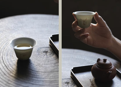 [賦山敘 x Gohobi] Ensemble de tasses à thé Celadon « Oie joueuse » – 3 tasses à thé Gongfu en céramique peintes à la main pour un usage domestique