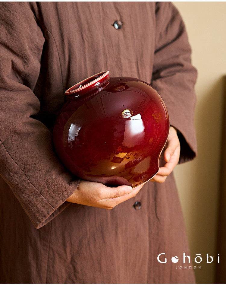 Gohobi Jingdezhen Lang Hong Red Ceramic Vase – Handmade Large Round Flower Arrangement Vase