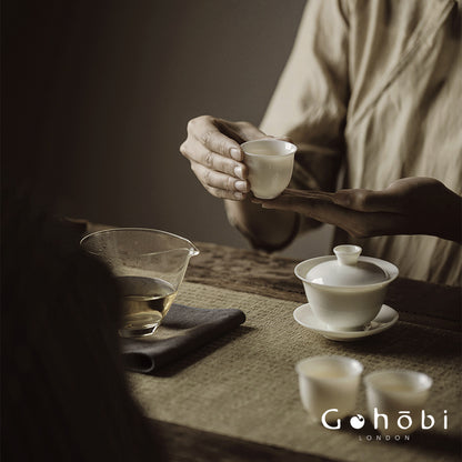 Gohobi Handmade White Jade Porcelain Gaiwan – Thin Porcelain Tea Bowl with Saucer