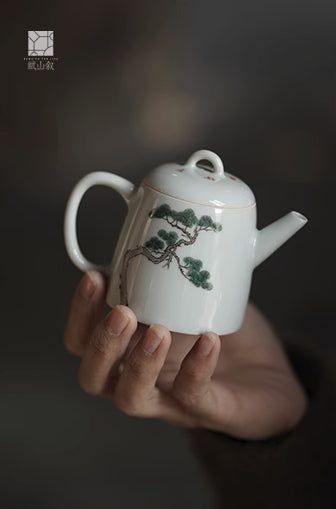 [賦山敘 x Gohobi] Hand-Painted Ceramic Teapot – Small Chinese Gongfu Tea Pot with Pine Tree & Calligraphy Design, Antique Style