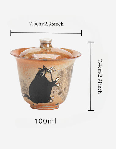 Gohobi Handmade Black Ink Hand-painted Cat Gaiwan 010