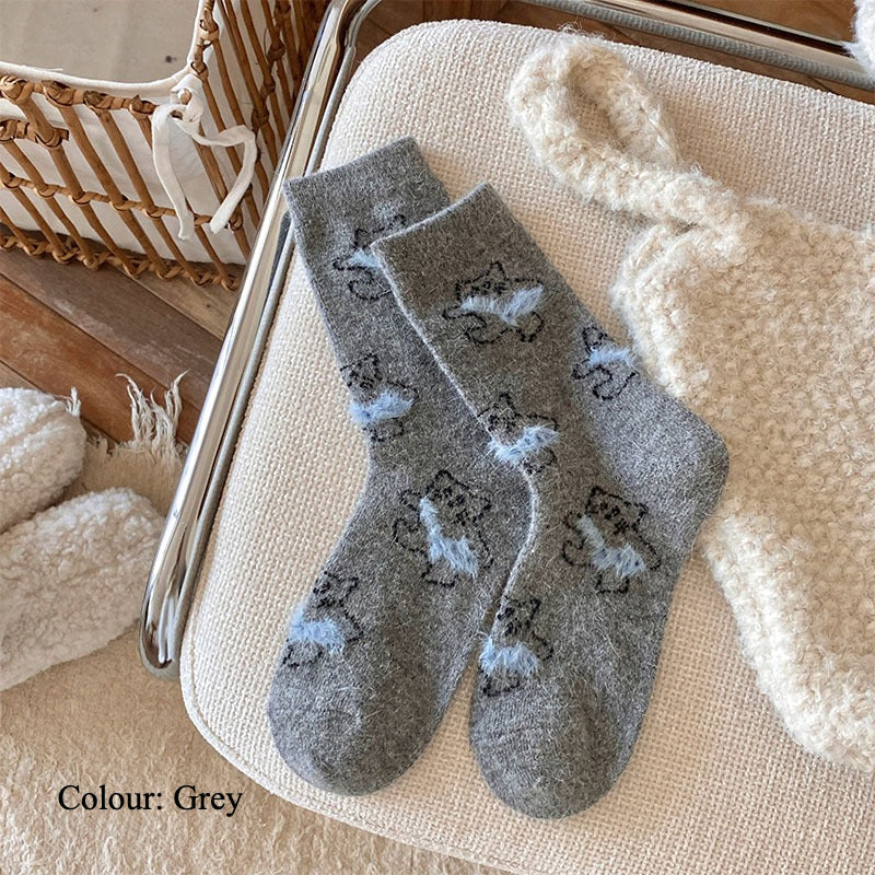 Gohobi Fleece-Lined Cat Print Winter Socks
