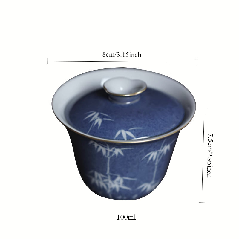 [賦山敘 x Gohobi] “Qingping Yue” Splash-Blue Carved Gaiwan – Bamboo Pattern Double-Walled Ceramic Gongfu Tea Bowl