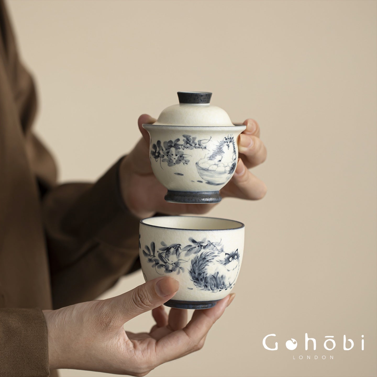 Gohobi Cute Cat Ceramic Travel Tea Set – Portable Gaiwan Tea Cup Set for One