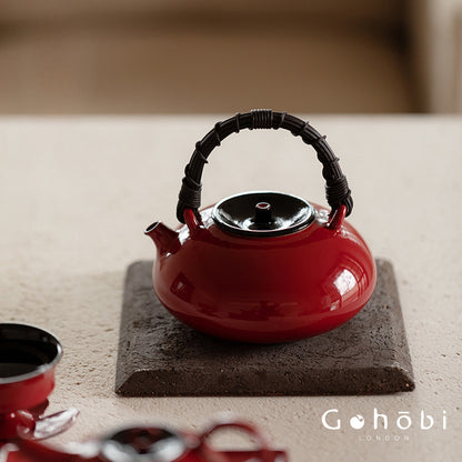 Gohobi Ochre Dream Red Fireplace Teapot – Japanese-Style Coarse Pottery Rattan Beam Kettle