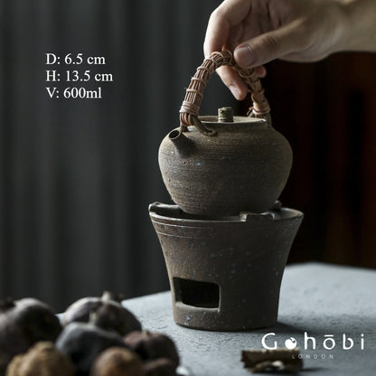 Gohobi Old Rock Mud Charcoal Teapot – Pure Handmade Coarse Pottery Kettle with Bamboo & Copper Beam (600ml)
