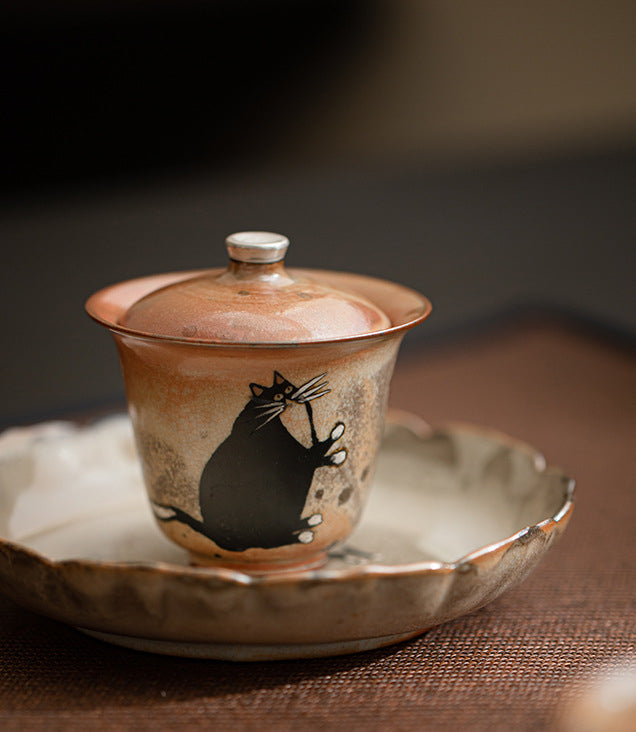 Gohobi Handmade Black Ink Hand-painted Cat Gaiwan 010