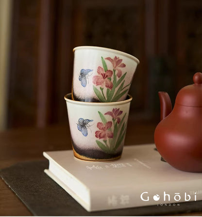 Gohobi Jingdezhen Hand-Painted Iris Teacup – Ceramic Gongfu Tea Master Cup Kiln Glaze
