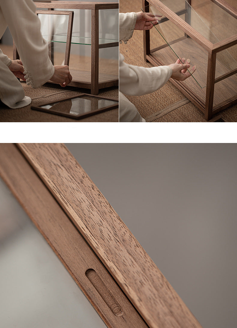 Gohobi Walnut Wood Glass Tea Cabinet (Double Sliding Door)