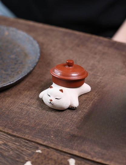 Gohobi Yixing Purple Clay Sleeping Cat Tea Pet – Handmade Lucky Cat Ornament