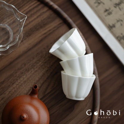 Gohobi Handmade White Porcelain Teacup – Thin Porcelain Flower Rim Gongfu Master Cup