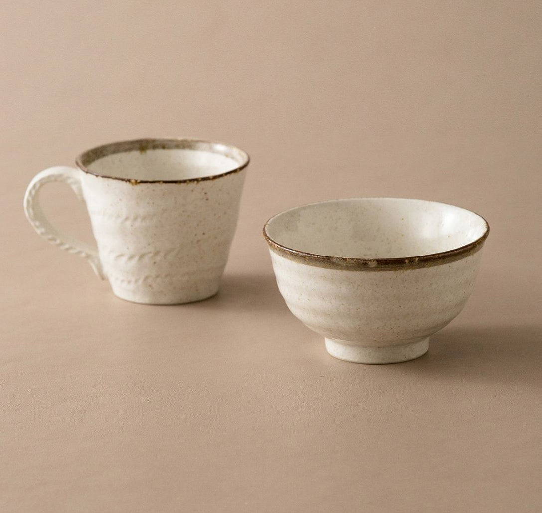 Gohobi Japanese Kakuni Ceramic Water Mug and Rice Bowl Set