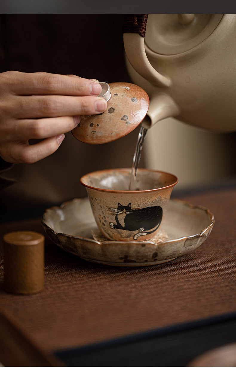 Gohobi Handmade Black Ink Hand-painted Cat Gaiwan 007