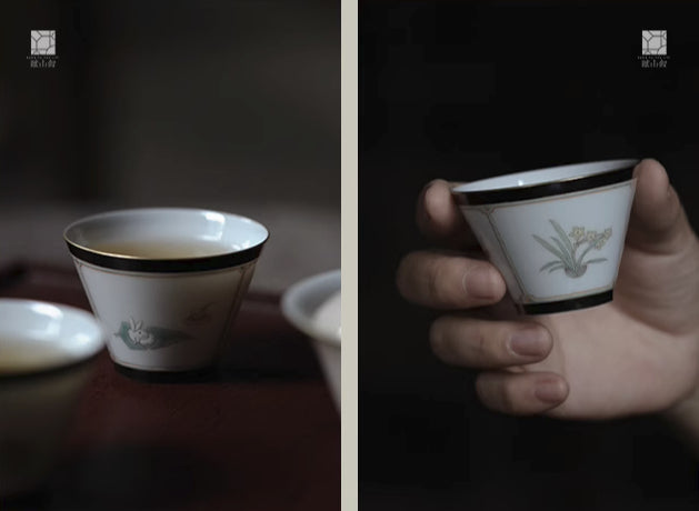 [賦山敘 x Gohobi] “Garden in Green” Hand-Painted Master Teacup – Jingdezhen Single Gongfu Cup with Ink-Toned Rim
